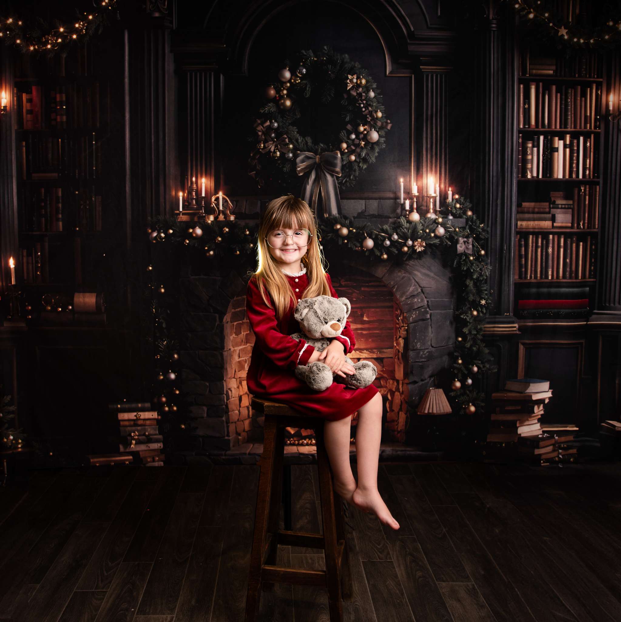 Kate Christmas Fireplace Bookshelves Backdrop Designed by Emetselch