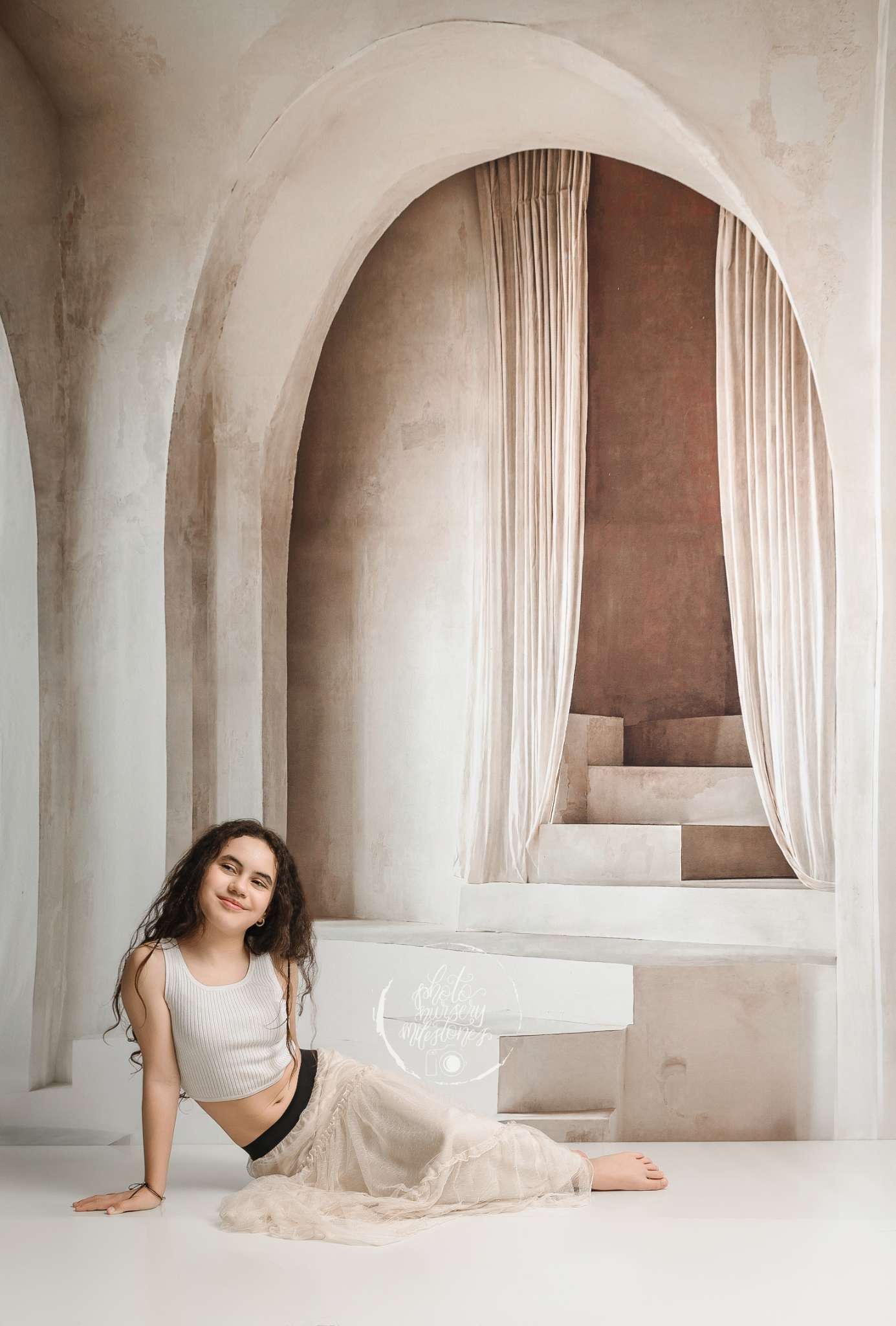 Kate Cascading Stairs Arch Beige Fleece Backdrop Designed by Emetselch