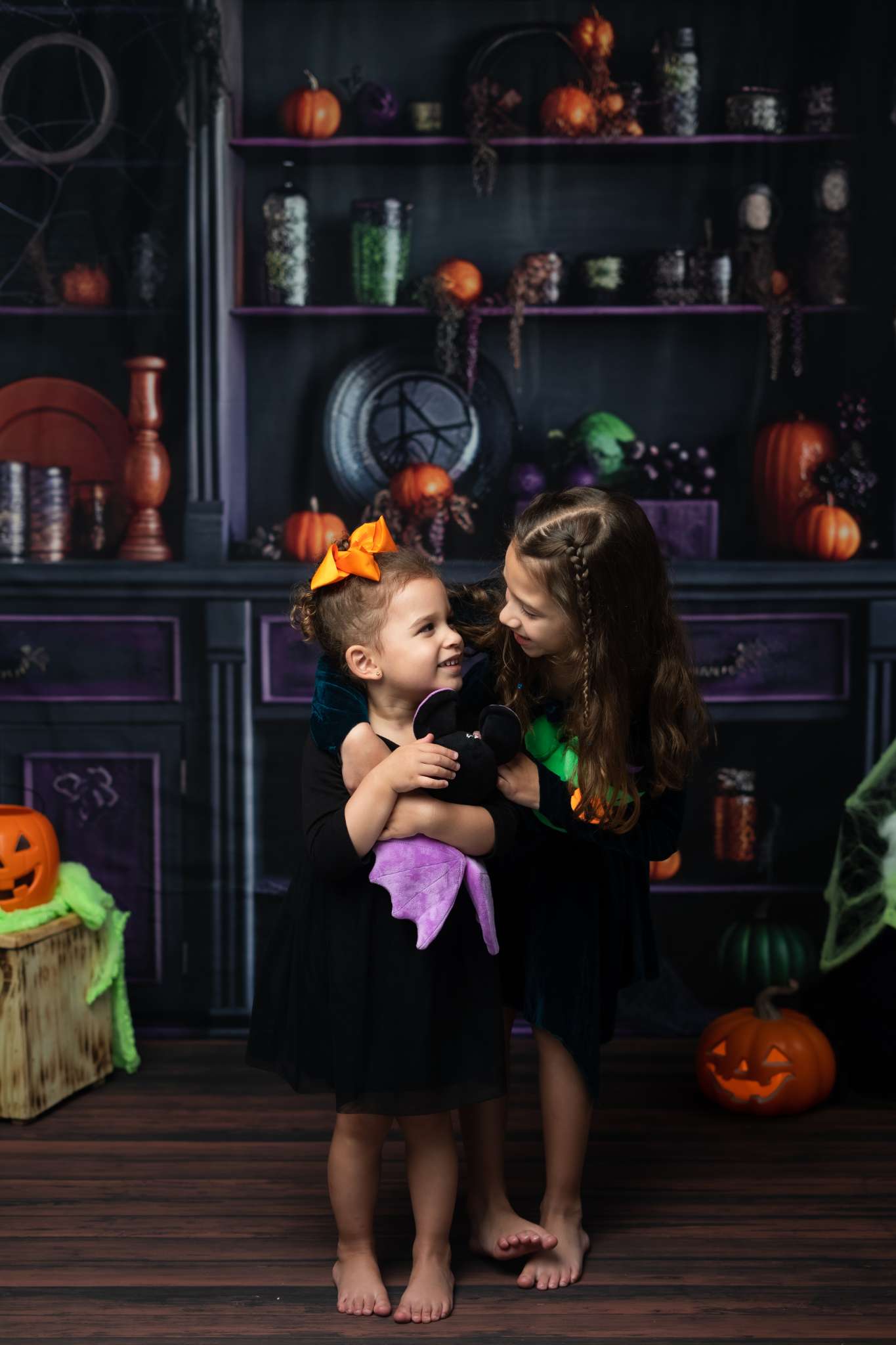 Kate Halloween Cabinet Pumpkins Spider Webs Purple Backdrop Designed by Mandy Ringe - Kate Backdrop AU