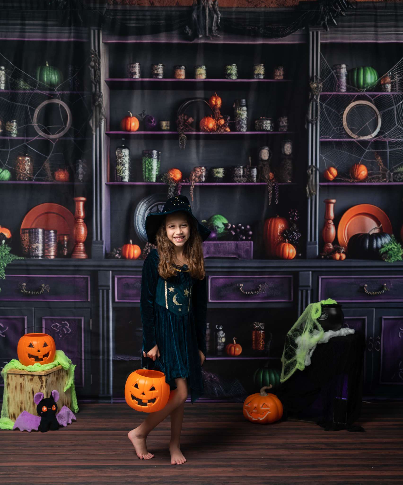 Kate Halloween Cabinet Pumpkins Spider Webs Purple Backdrop Designed by Mandy Ringe