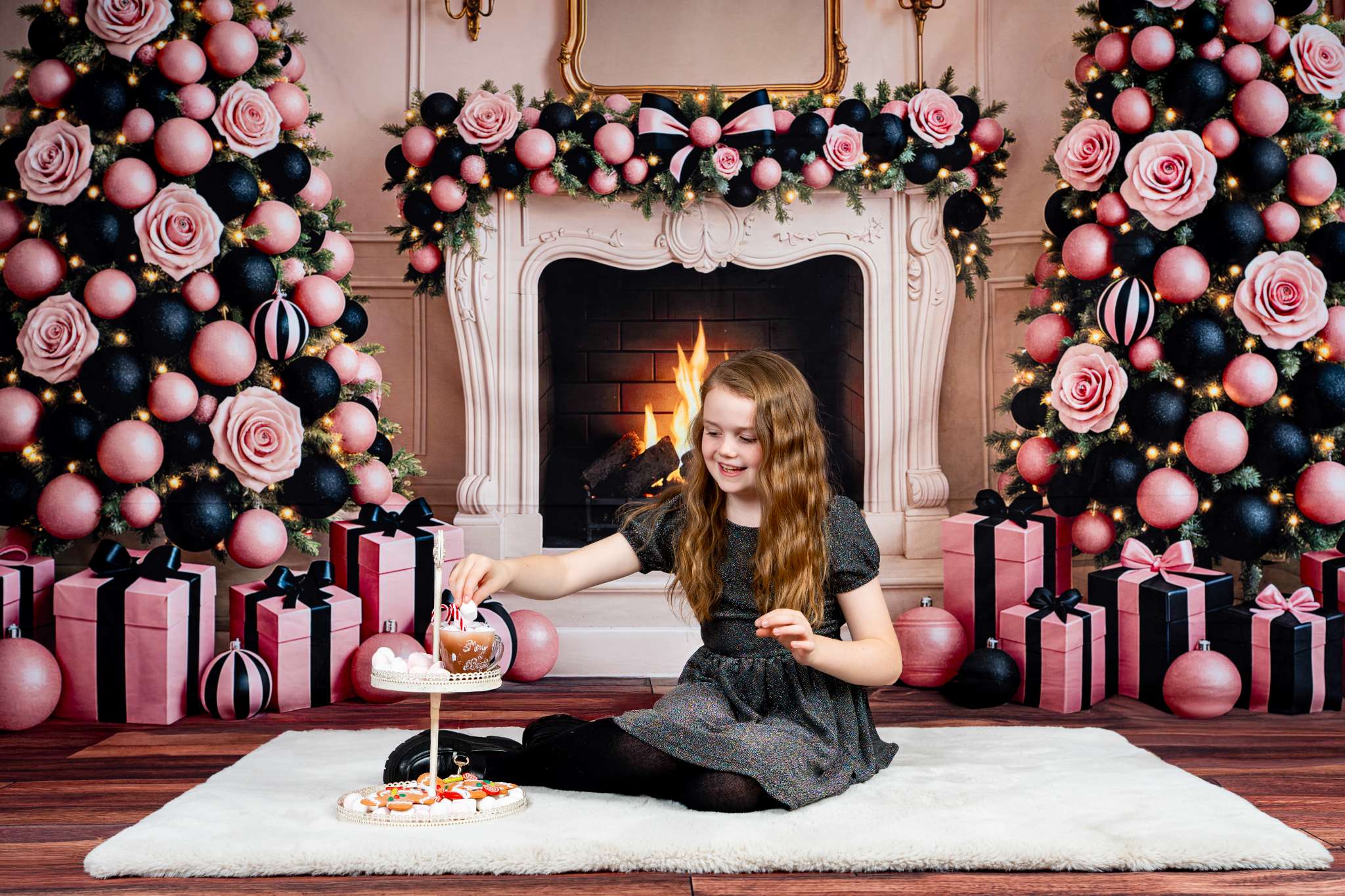 Kate Christmas Rose Tree Fireplace Backdrop Designed by Ashley Paul