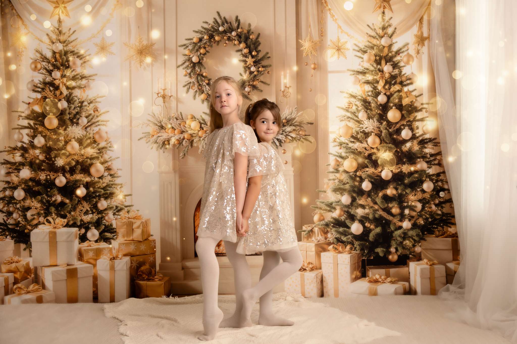 Kate Fireplace Christmas Trees Wreath Backdrop Designed by Emetselch