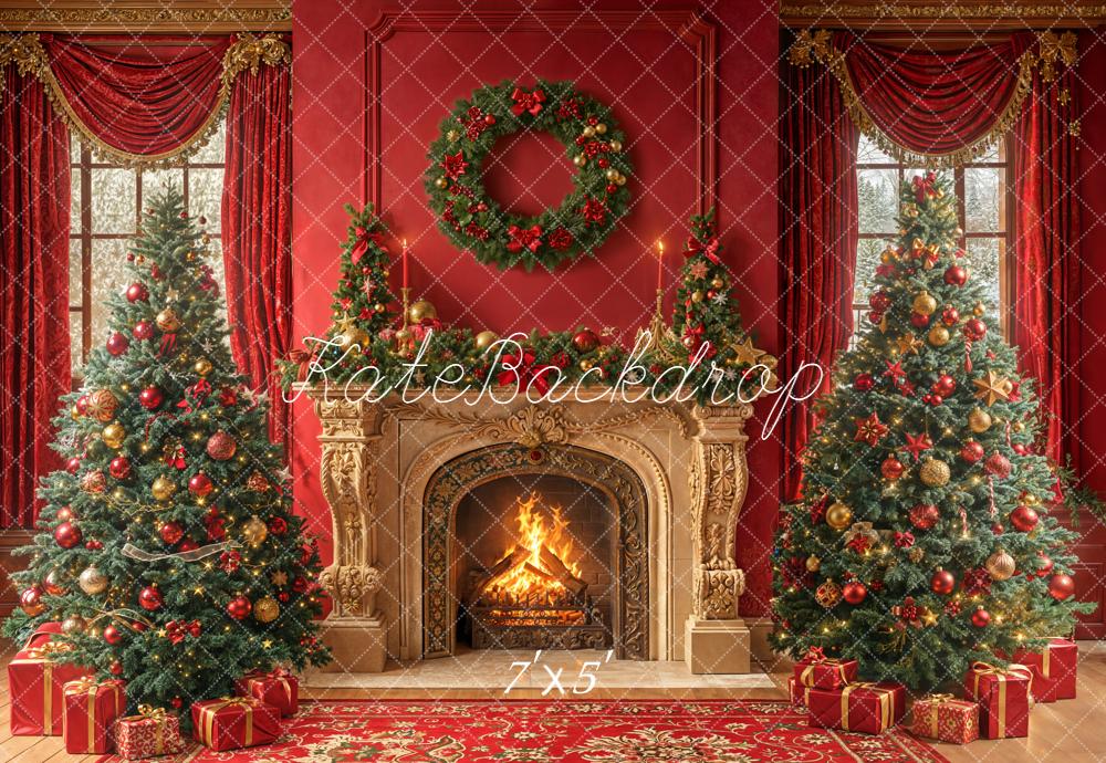 Kate Christmas Fireplace Wreath Red Backdrop Designed by Emetselch