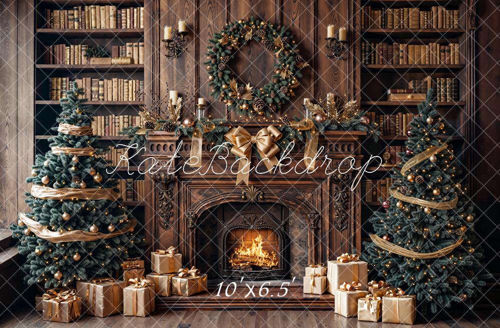 Kate Christmas Fireplace Bookshelves Fleece Backdrop Designed by Emetselch - Kate Backdrop AU