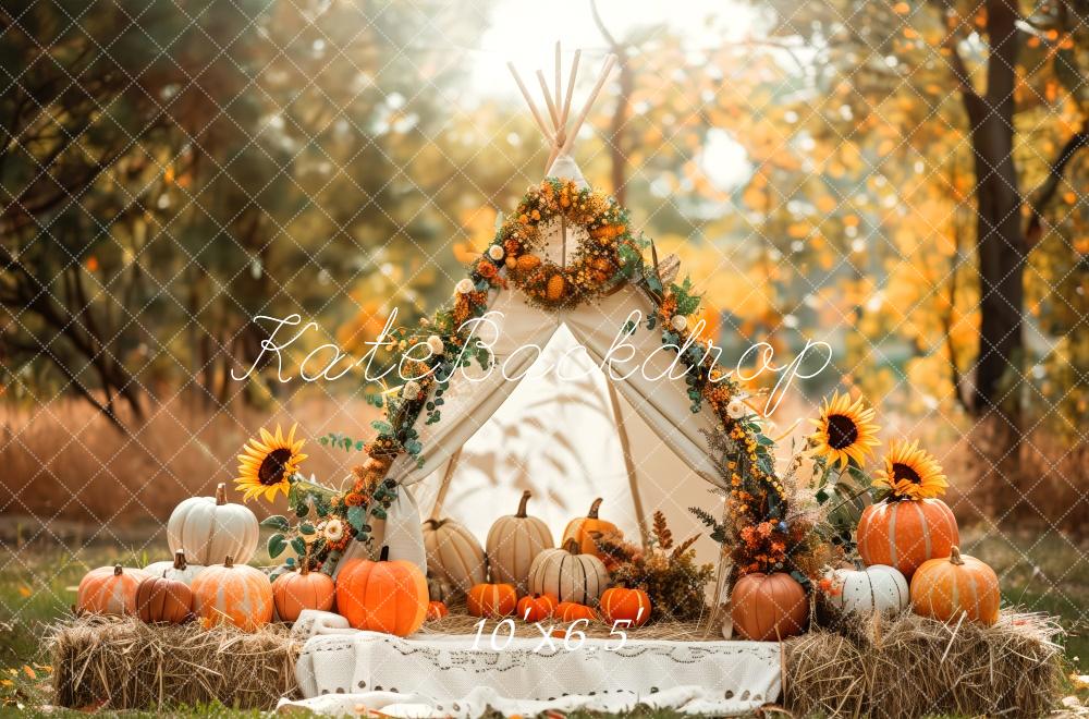 Kate Fall Teepee Pumpkins Sunflowers Backdrop Designed by Patty Roberts