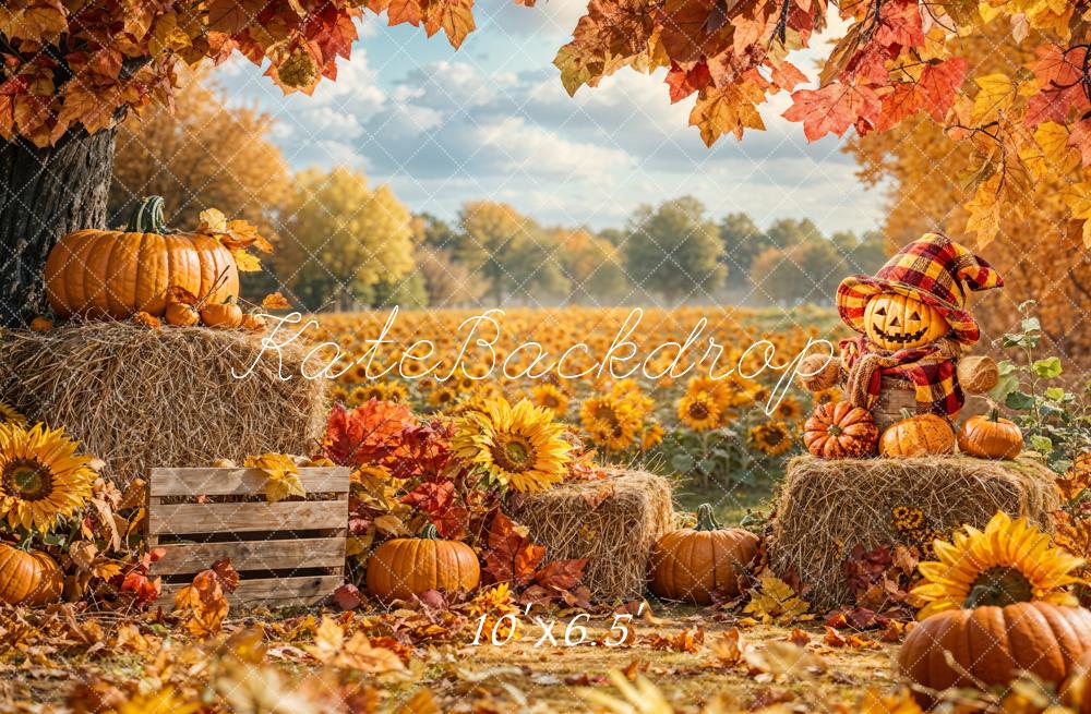 Kate Fall Pumpkins Hay Sunflowers Fleece Backdrop Designed by Emetselch - Kate Backdrop AU