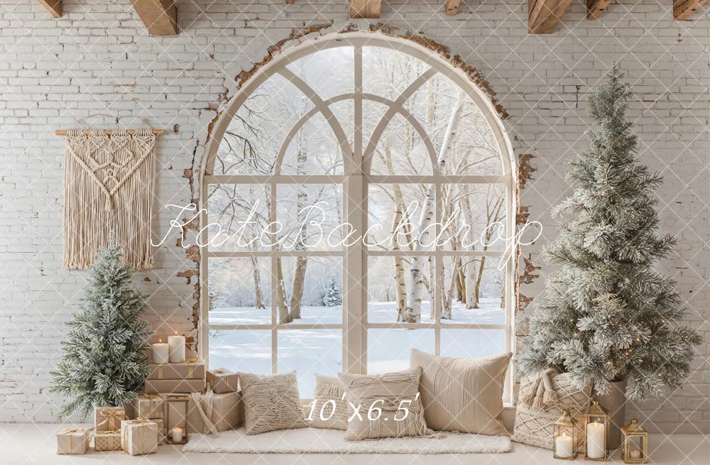 Kate Winter Christmas Trees Window Fleece Backdrop Designed by Emetselch