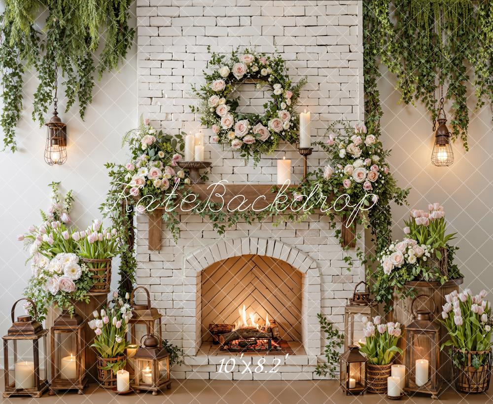 Kate Spring Brick Fireplace Flower Garland Candles Backdrop Designed by Emetselch