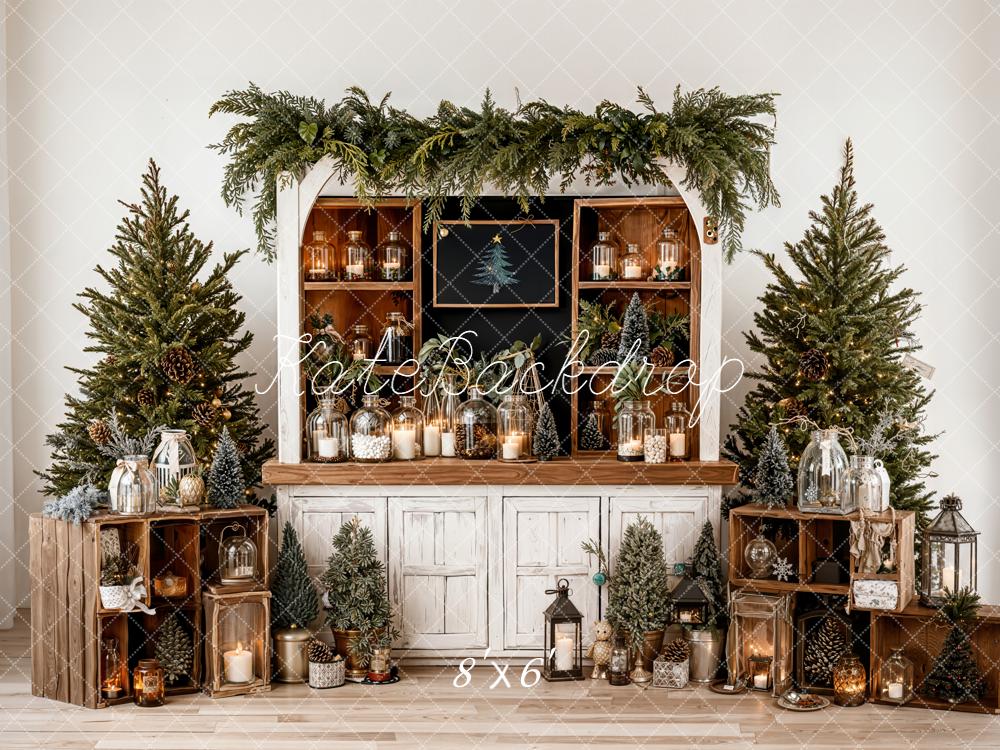 Kate Christmas Pine Trees Wooden Cabinet Fleece Backdrop Designed by Emetselch