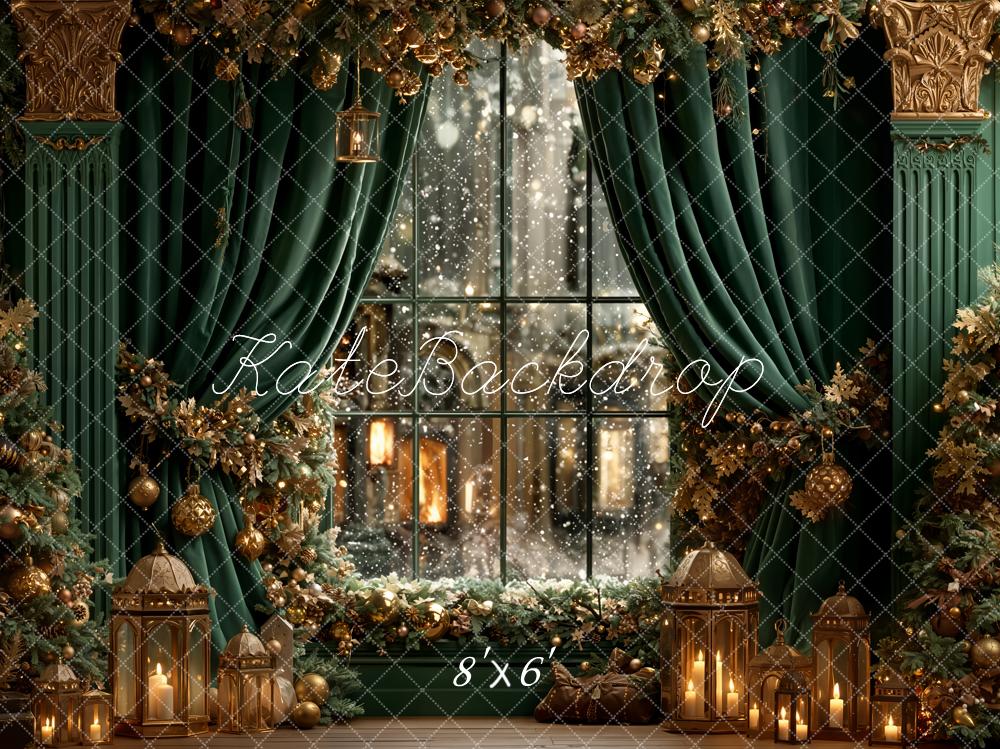 Kate Christmas Green Curtains Window Fleece Backdrop Designed by Emetselch - Kate Backdrop AU