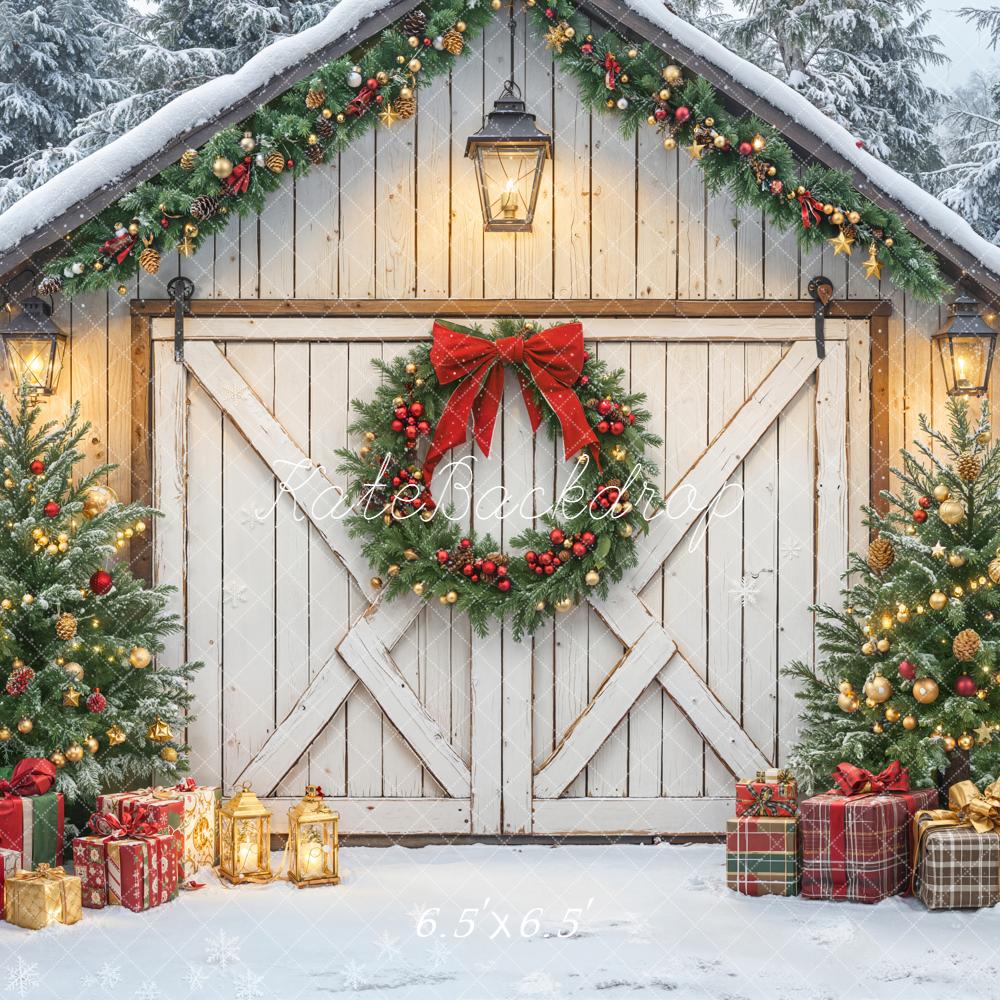 Kate Christmas Barn Door Wreath Trees Gifts Backdrop Designed by Emetselch - Kate Backdrop AU