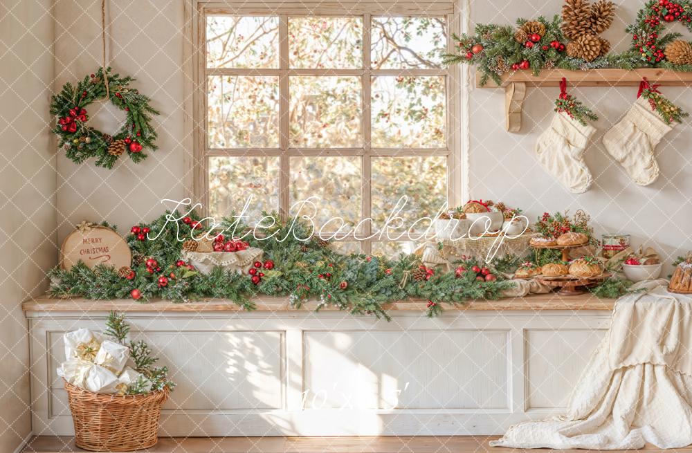 Kate Christmas Window Garland Stockings Fleece Backdrop Designed by Emetselch - Kate Backdrop AU