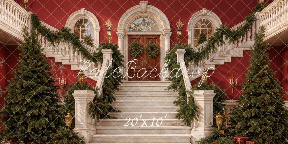 Kate Christmas Stairs Garland Red Backdrop Designed by Emetselch - Kate Backdrop AU