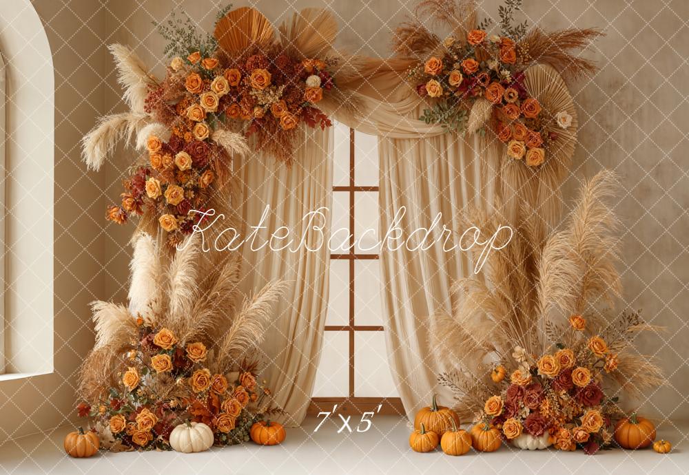 Kate Autumn Flower Arch Pampas Pumpkins Backdrop Designed by Emetselch