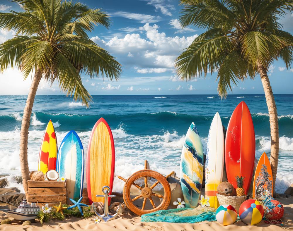 Kate Summer Surfboards Palm Trees Ocean Fleece Backdrop Designed by Emetselch