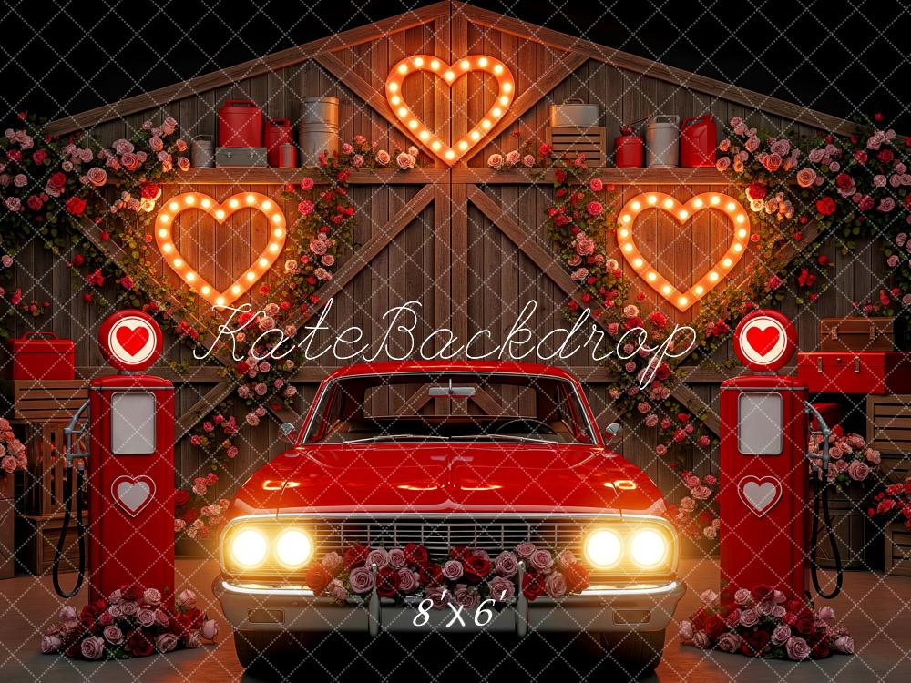 Kate Valentine Red Car Petrol Pumps Lighted Hearts Backdrop Designed by Patty Roberts