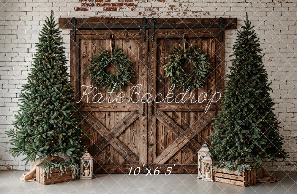 Kate Christmas Pine Trees Barn Doors Backdrop Designed by Emetselch