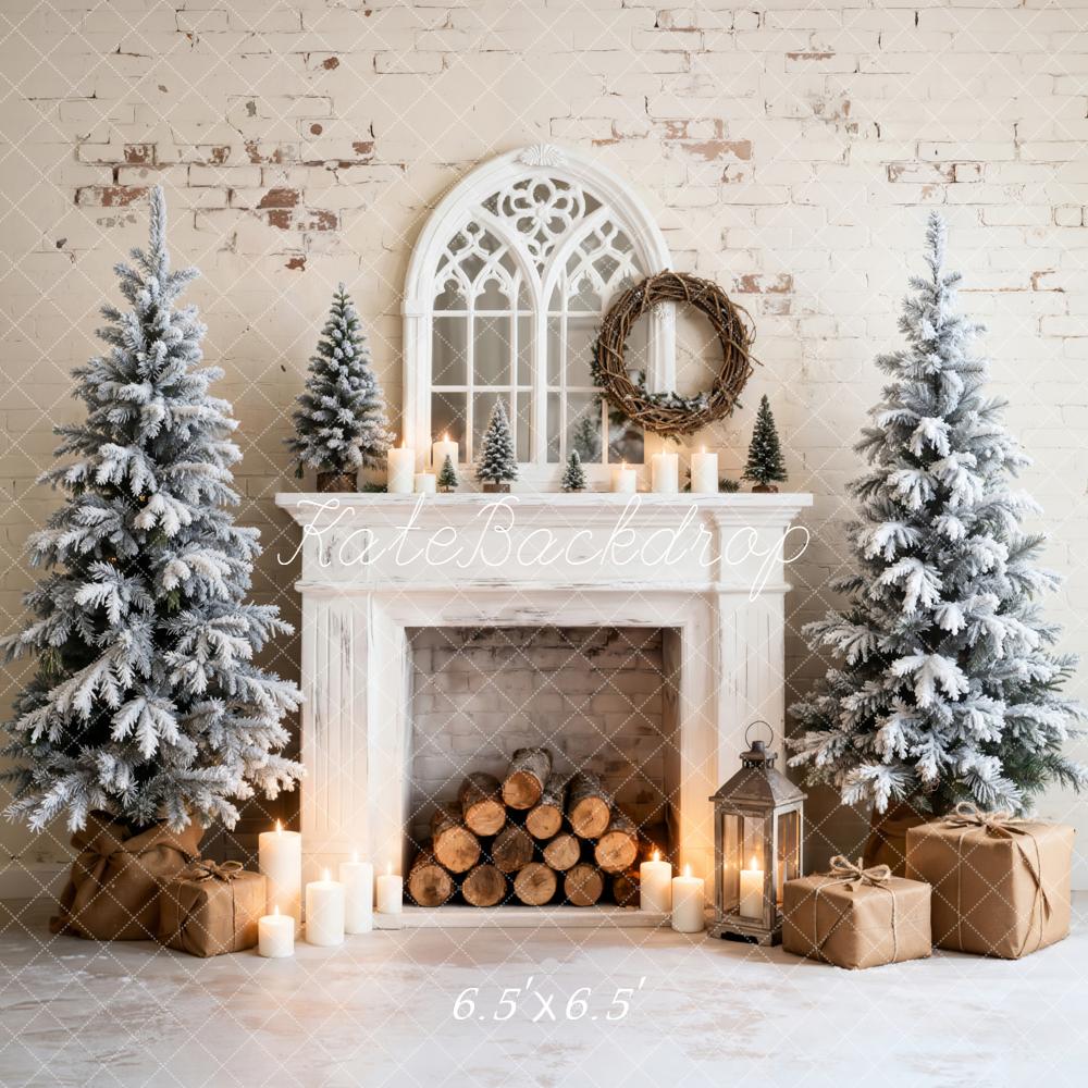 Kate Christmas Frosted Trees Fireplace Candles Backdrop Designed by Emetselch