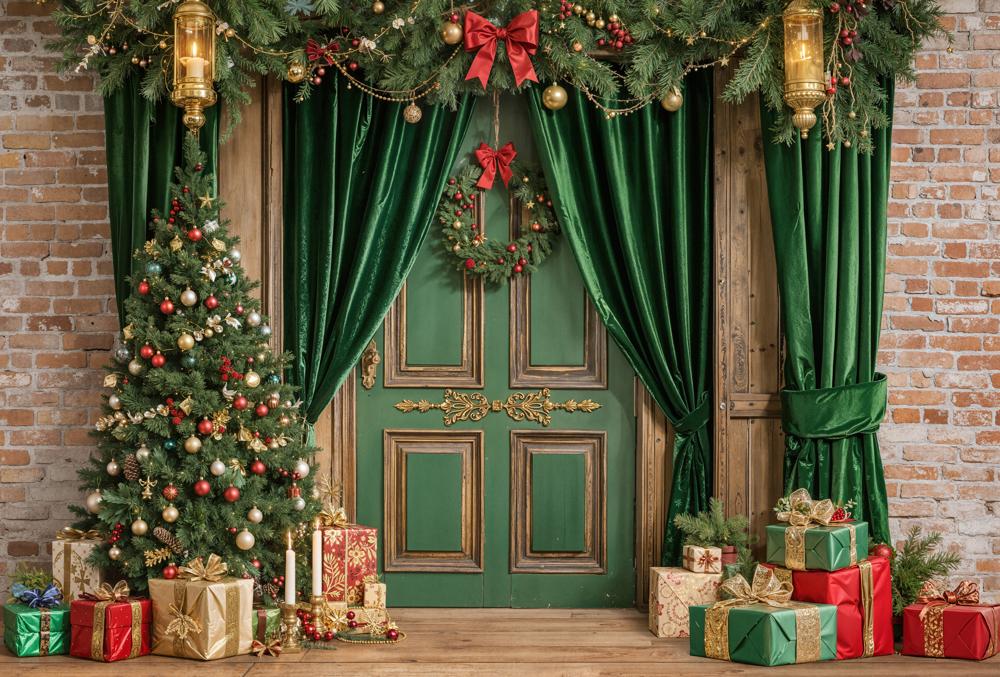 Kate Christmas Green Door Tree Gifts Fleece Backdrop Designed by GQ - Kate Backdrop AU