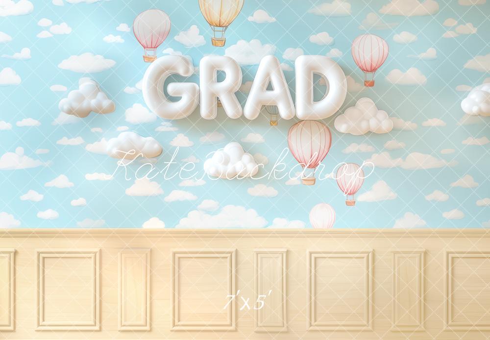 Kate Grad Hot Air Balloons Clouds Blue Backdrop Designed by Mini MakeBelieve