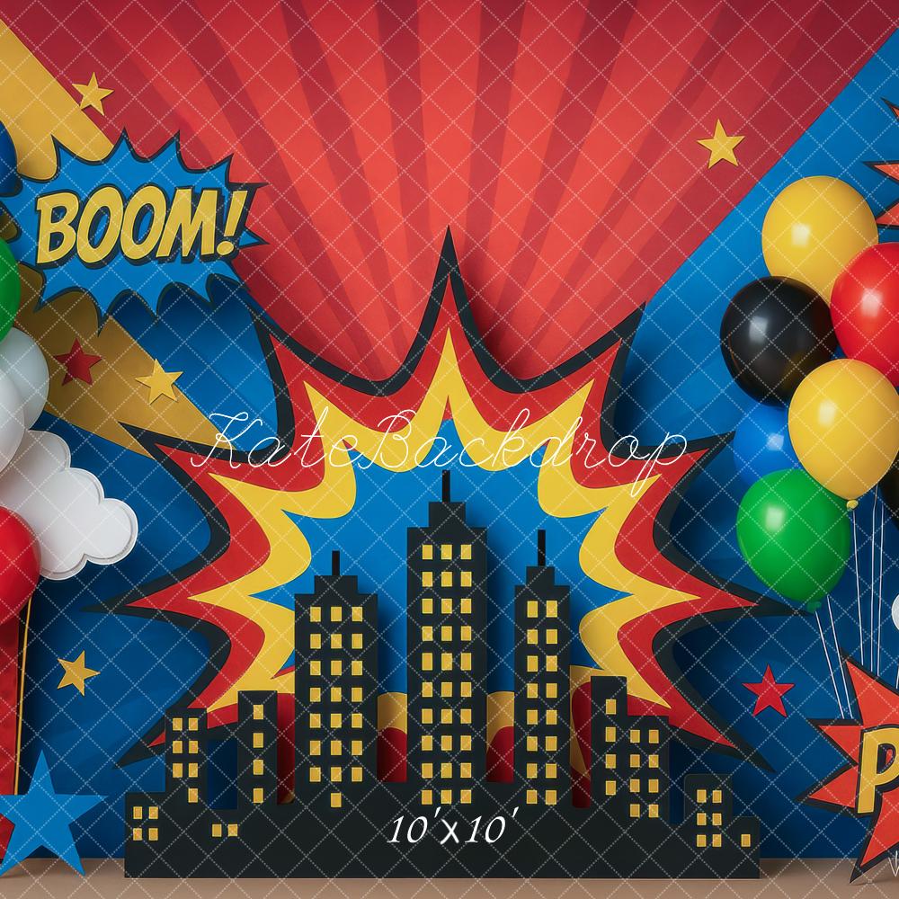 Kate Comic City Skyline Balloons Stars Backdrop Designed by Mini MakeBelieve