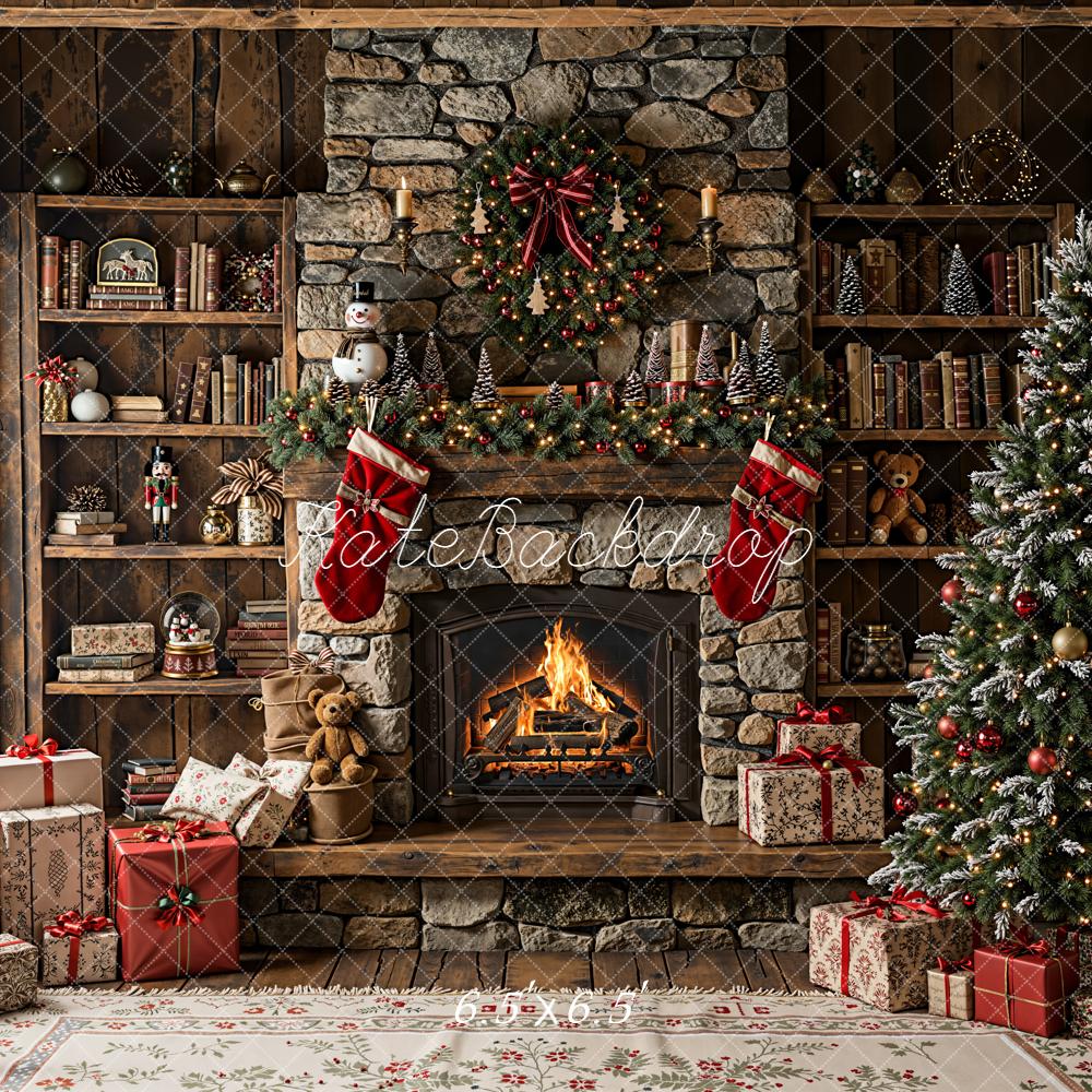 Kate Christmas Stone Fireplace Bookshelves Backdrop Designed by Emetselch - Kate Backdrop AU