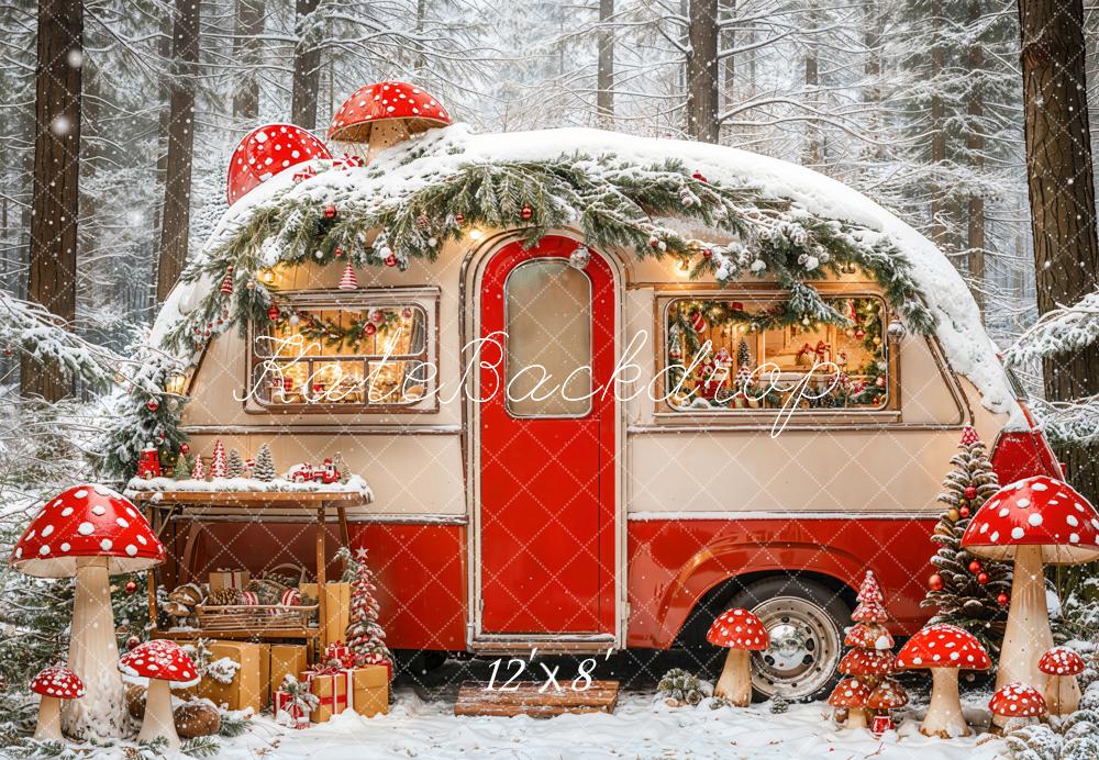 Kate Christmas Caravan Forest Mushrooms Fleece Backdrop Designed by Emetselch - Kate Backdrop AU