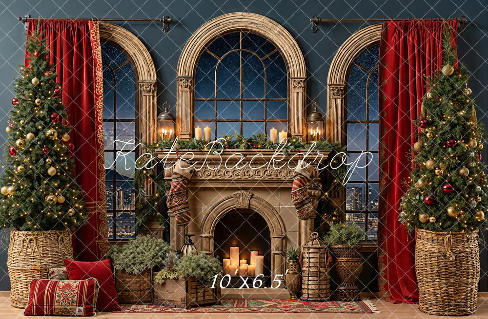 Kate Christmas Fireplace Window Night Fleece Backdrop Designed by Emetselch