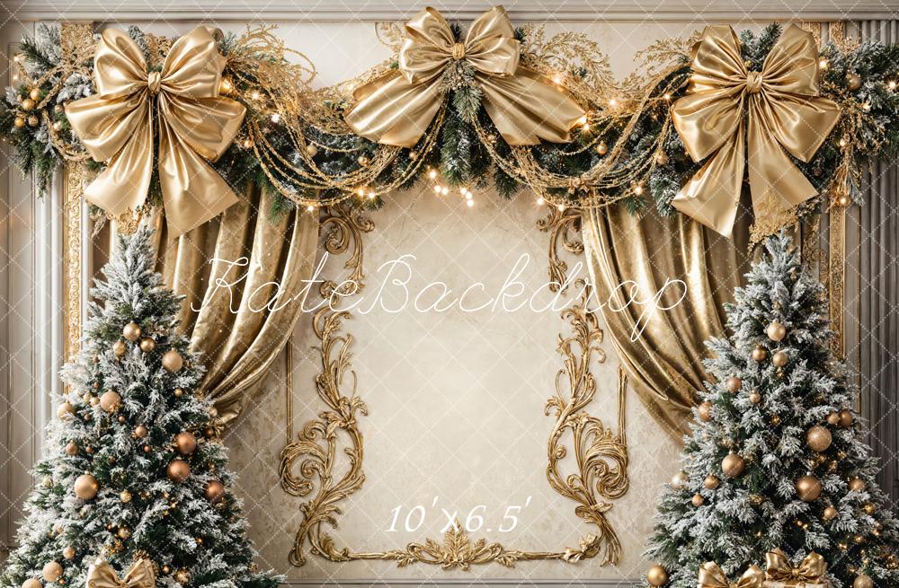 Kate Christmas Trees Gold Bows Fleece Backdrop Designed by Chain - Kate Backdrop AU