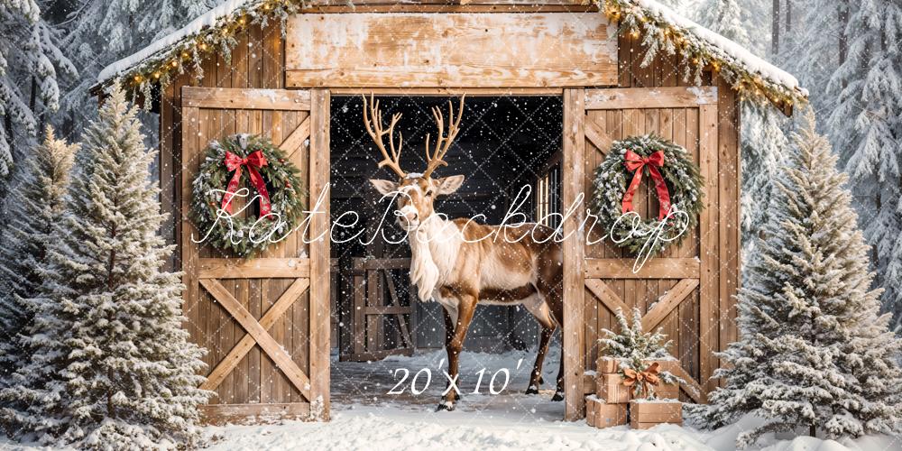 Kate Christmas Reindeer Wooden Barn Snow Trees Backdrop Designed by Emetselch