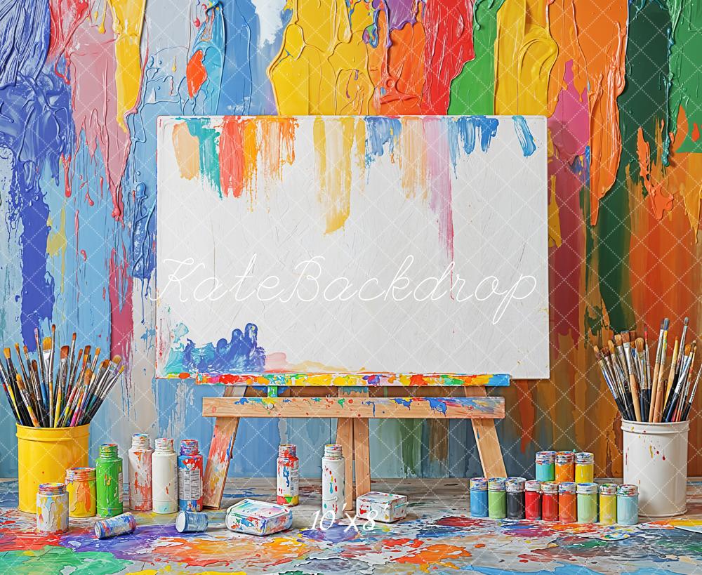 Kate Art Studio Paint Brushes Colourful Wall Fleece Backdrop Designed by Emetselch - Kate Backdrop AU