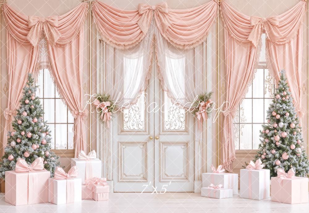Kate Christmas Pink Curtains Presents Trees Backdrop Designed by Emetselch - Kate Backdrop AU