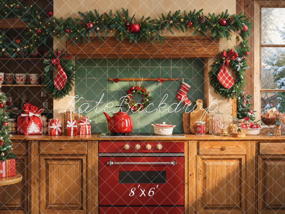 Kate Christmas Kitchen Garland Decorations Fleece Backdrop Designed by Emetselch - Kate Backdrop AU