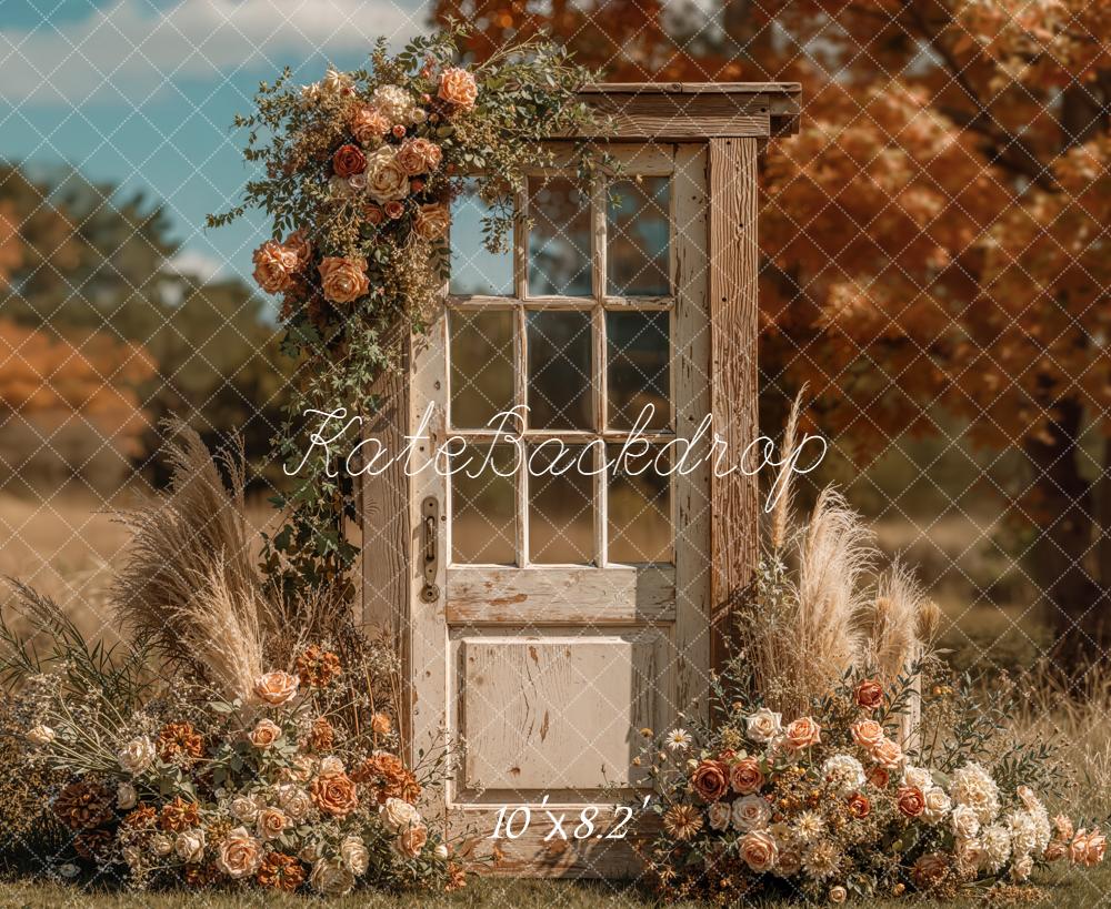 Kate Autumn Door Flowers Rustic Fleece Backdrop Designed by Emetselch