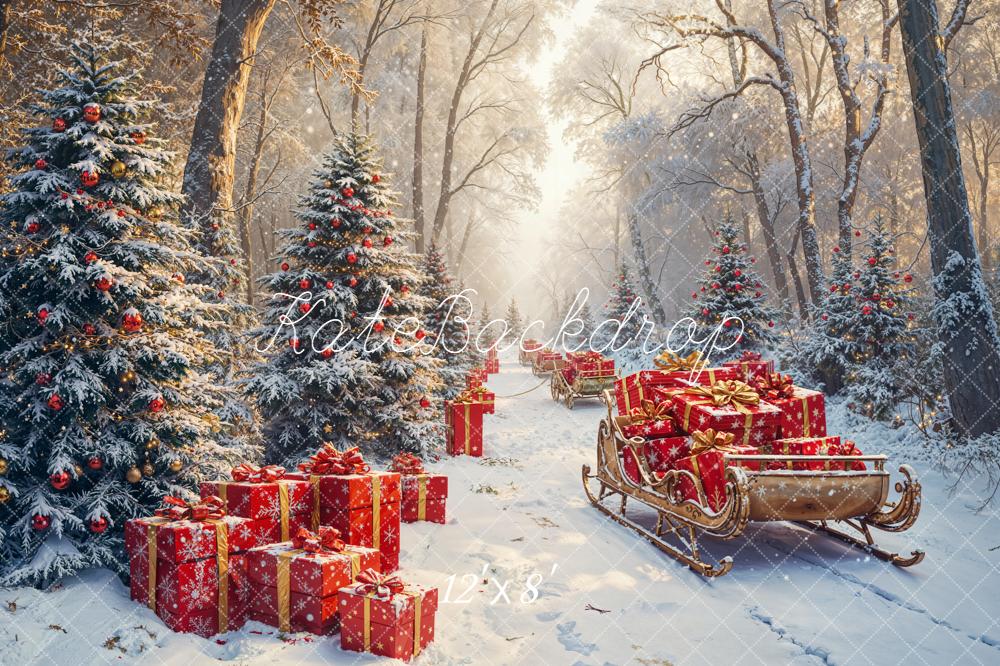 Kate Christmas Snowy Forest Sled Presents Backdrop Designed by Emetselch