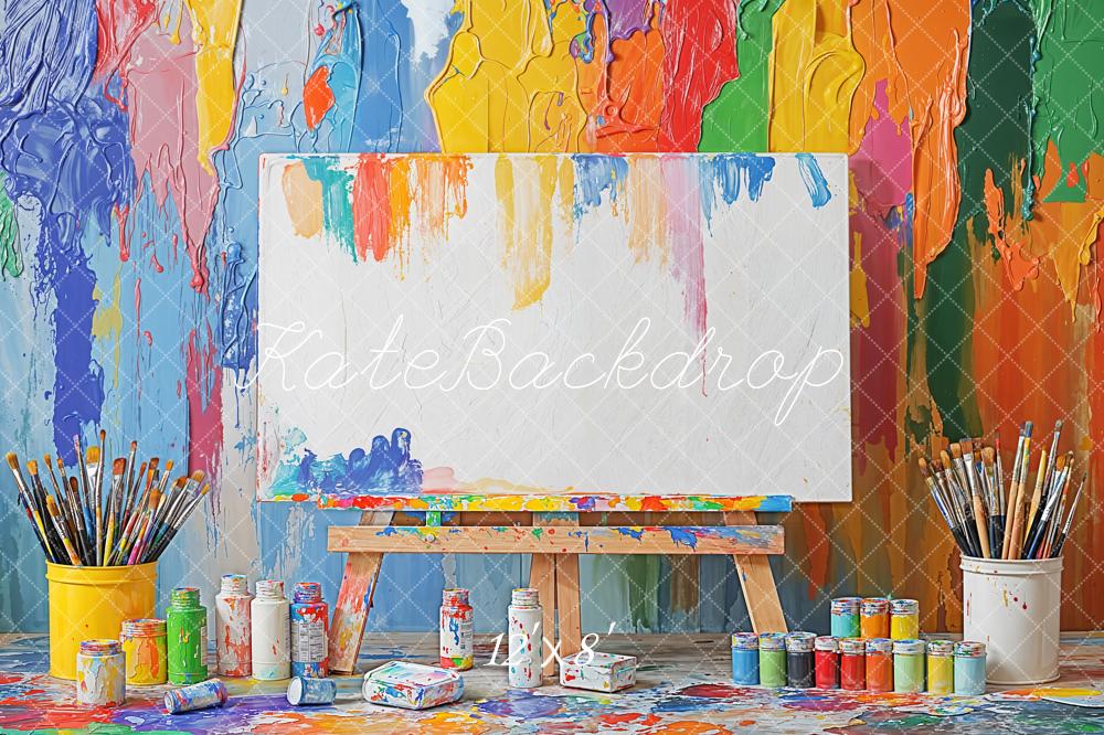 Kate Art Studio Paint Brushes Colourful Wall Fleece Backdrop Designed by Emetselch - Kate Backdrop AU
