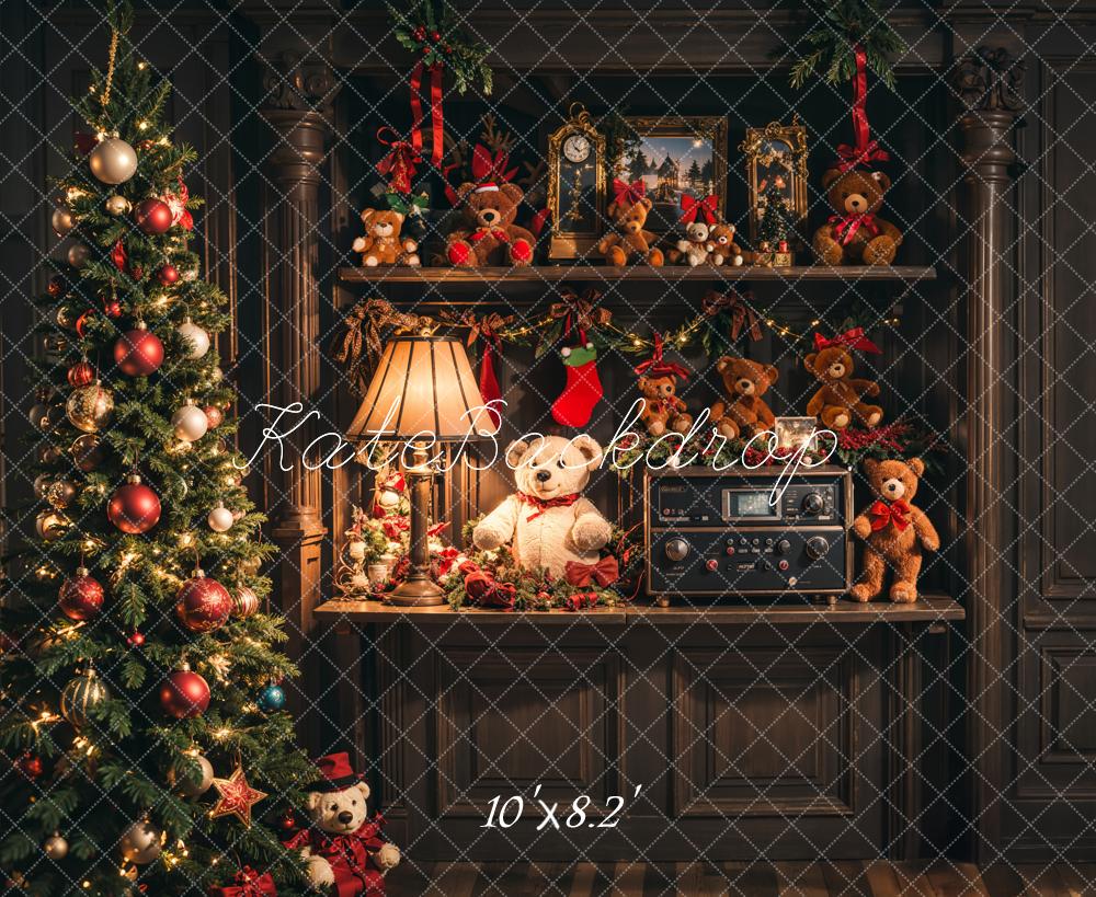 Kate Christmas Tree Teddy Bears Vintage Shelf Backdrop Designed by Emetselch - Kate Backdrop AU