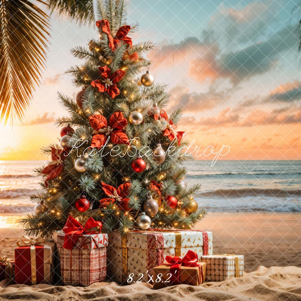 Kate Christmas Tree Presents Beach Sunset Backdrop Designed by Emetselch