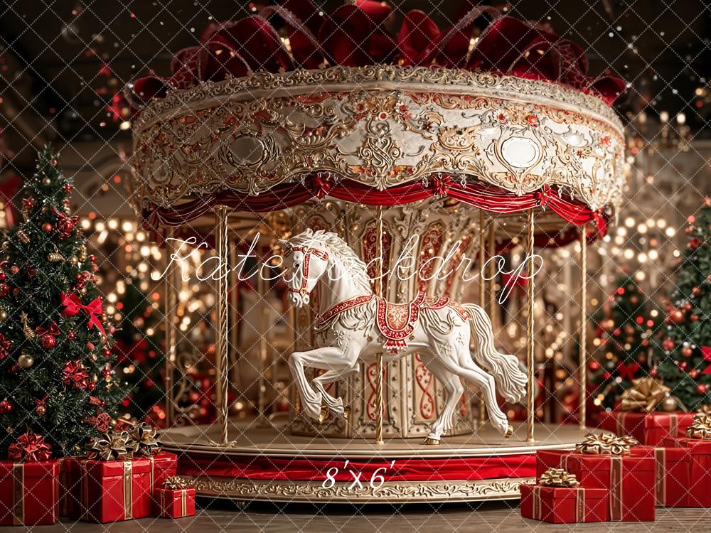 Kate Carousel Christmas Tree Presents Fleece Backdrop Designed by Emetselch