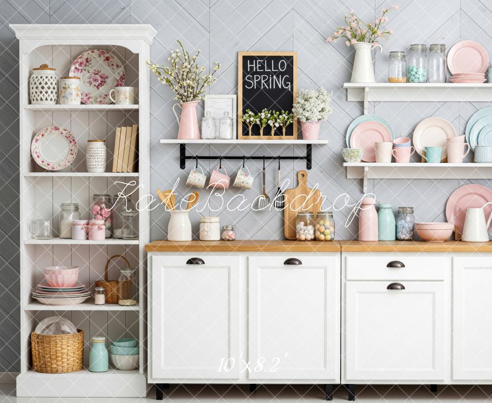 Kate Spring Kitchen Cabinets Crockery Backdrop Designed by Patty Roberts
