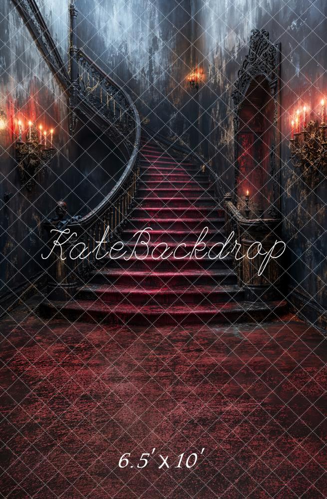 Kate Dark Mansion Cascading Stairs Red Carpet Fleece Backdrop Designed by Emetselch - Kate Backdrop AU