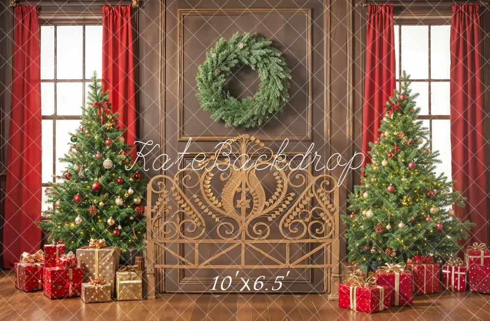 Kate Christmas Trees Wreath Red Curtains Backdrop Designed by Emetselch - Kate Backdrop AU