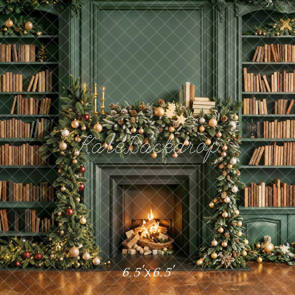 Kate Christmas Fireplace Bookshelves Green Backdrop Designed by Emetselch - Kate Backdrop AU