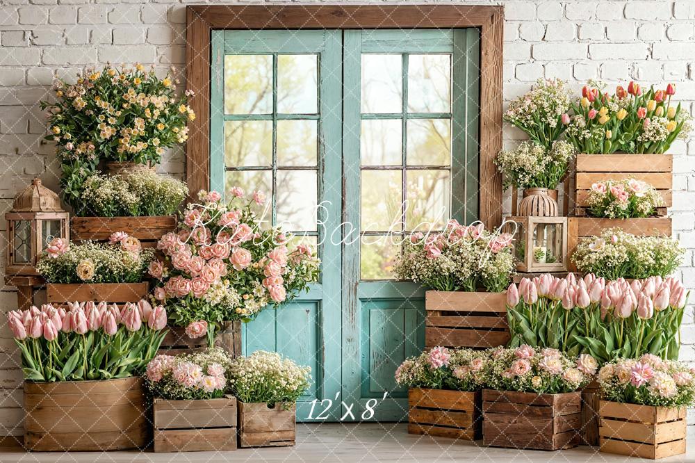 Kate Spring Flower Door Brick Wall Fleece Backdrop Designed by Emetselch