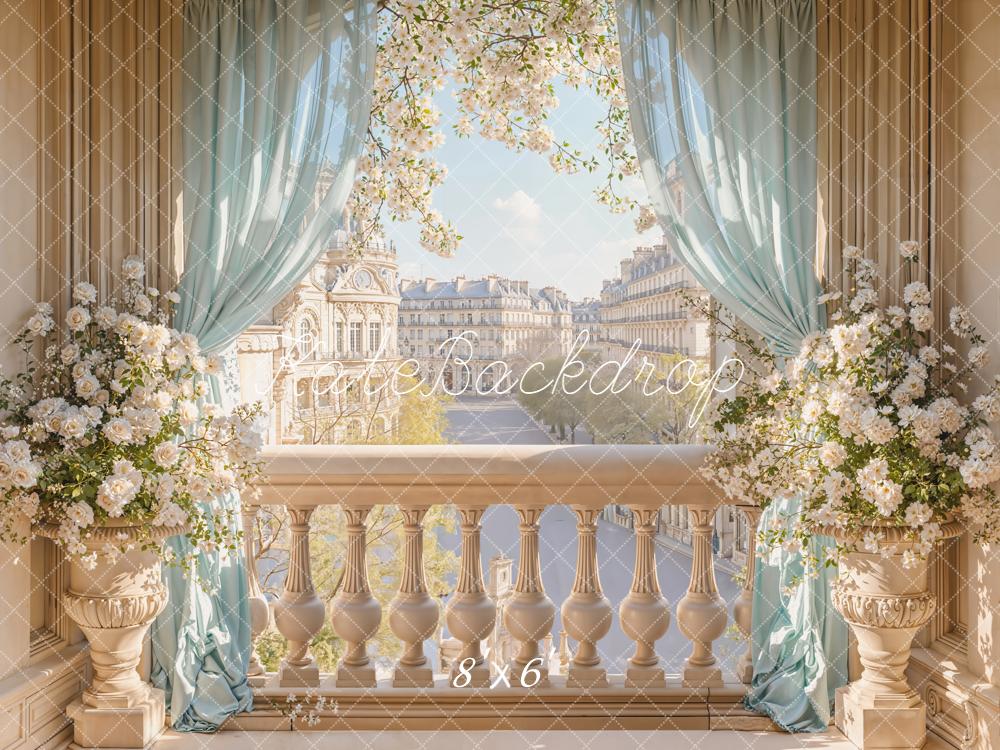 Kate Paris Balcony Blossom Flowers Blue Curtains Backdrop Designed by Emetselch
