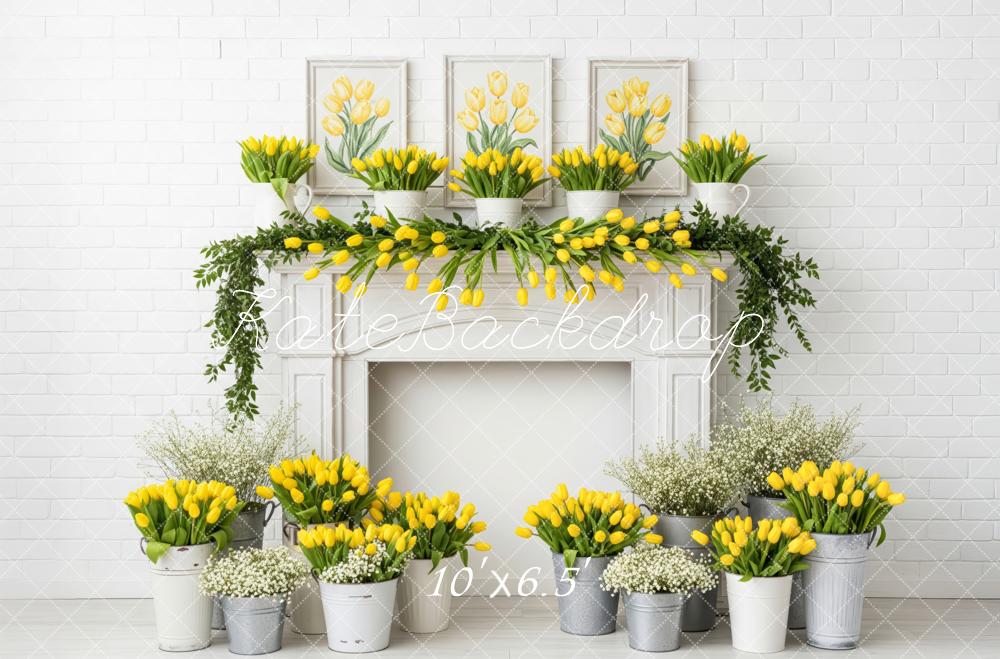 Kate Spring Yellow Tulips Greenery White Brick Fleece Backdrop Designed by Patty Roberts