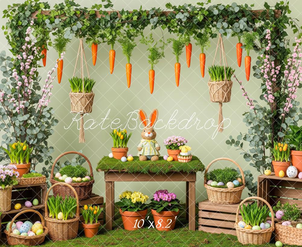 Kate Easter Bunny Carrots Flower Baskets Greenery Backdrop Designed by Patty Roberts