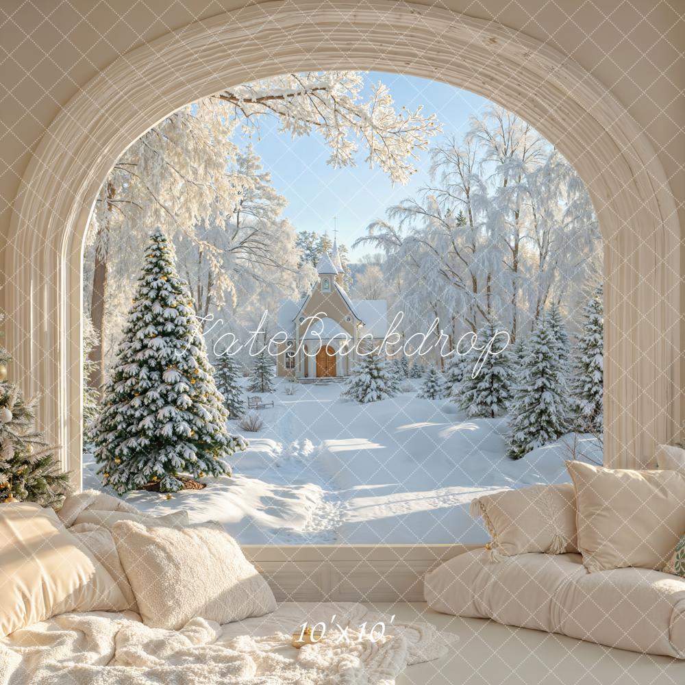 Kate Christmas Snowy Trees Arched Window Backdrop Designed by Emetselch - Kate Backdrop AU
