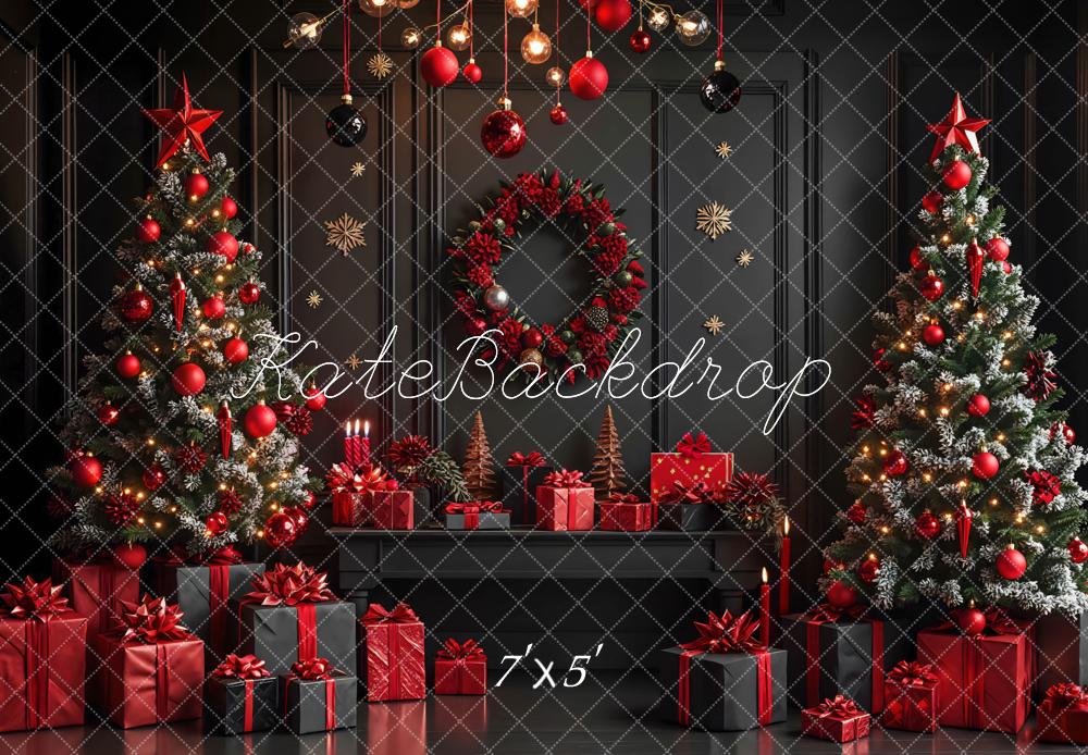 Kate Christmas Trees Wreath Presents Black Wall Backdrop Designed by Mini MakeBelieve