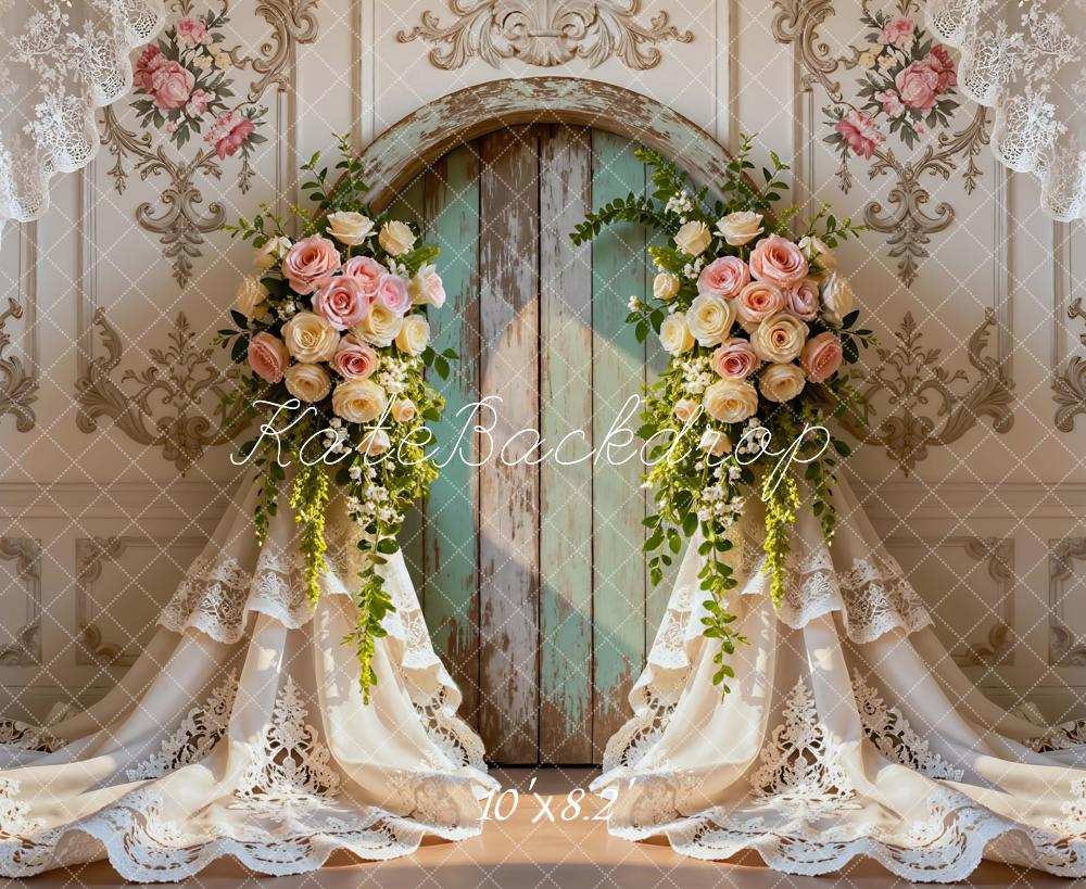 Kate Wedding Flower Arch Lace Curtains Vintage Wall Backdrop Designed by Mini MakeBelieve